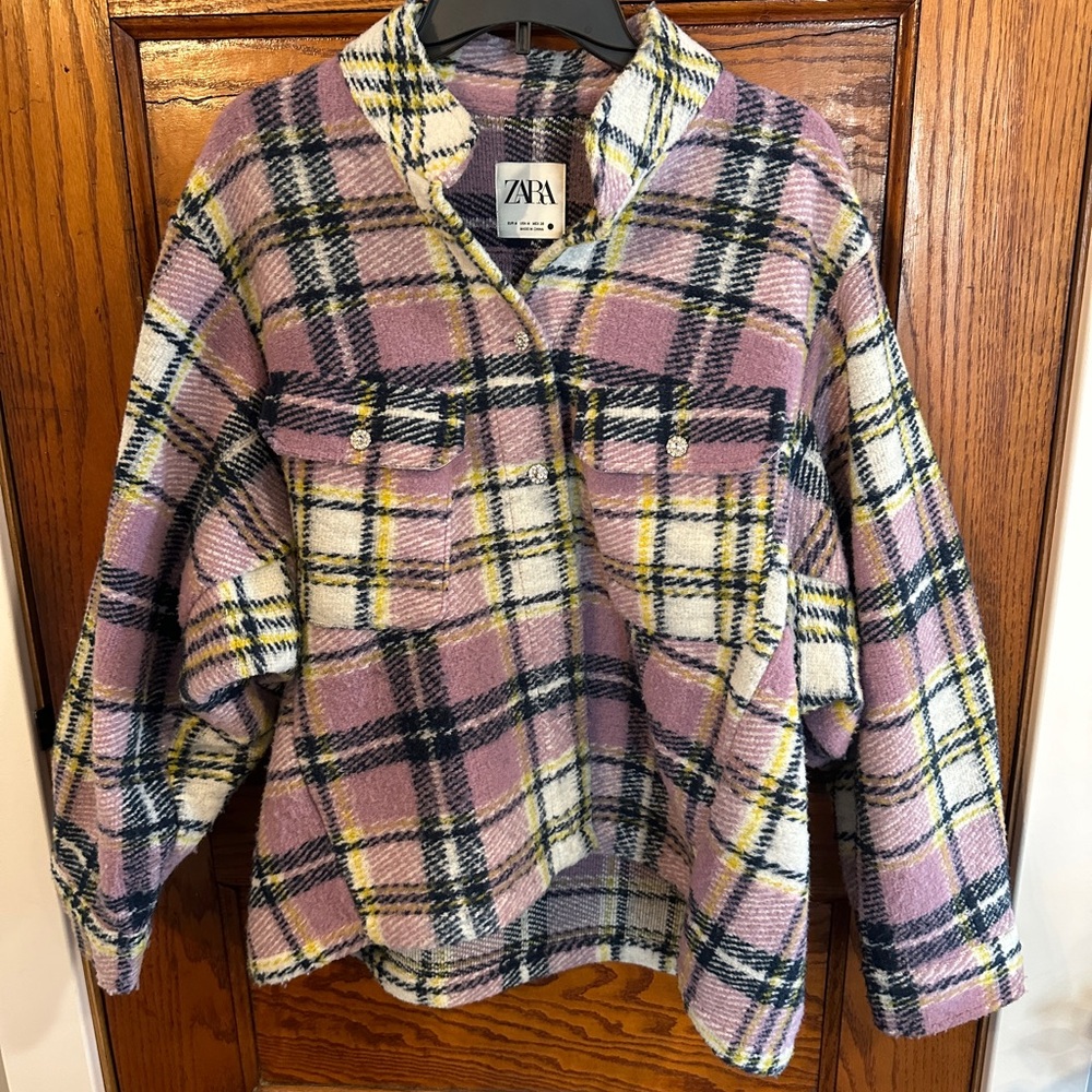 Zara Purple Plaid Wool Blend Shacket Oversized Women’s Medium